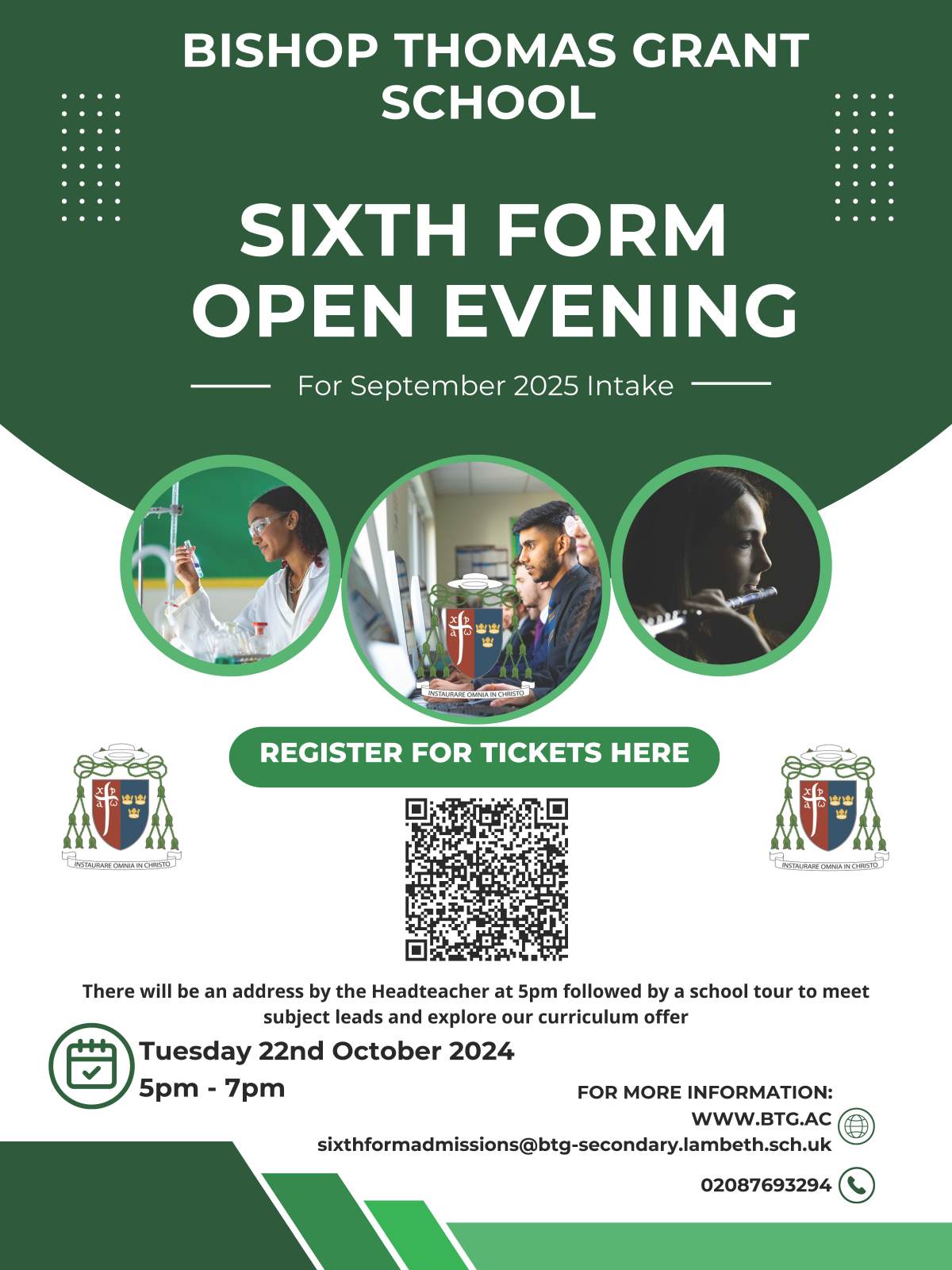 Poster advertising the Bishop Thomas Grant School Sixth Form Open Evening with a QR code